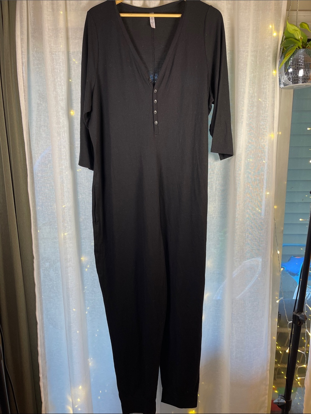 Athleta Wind Down Henley Sleep Romper Black V-Neck Button-Front Jumpsuit